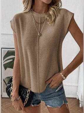 NWT Zeagoo Lightweight Summer Cap Sleeve Sweater Khaki Size M